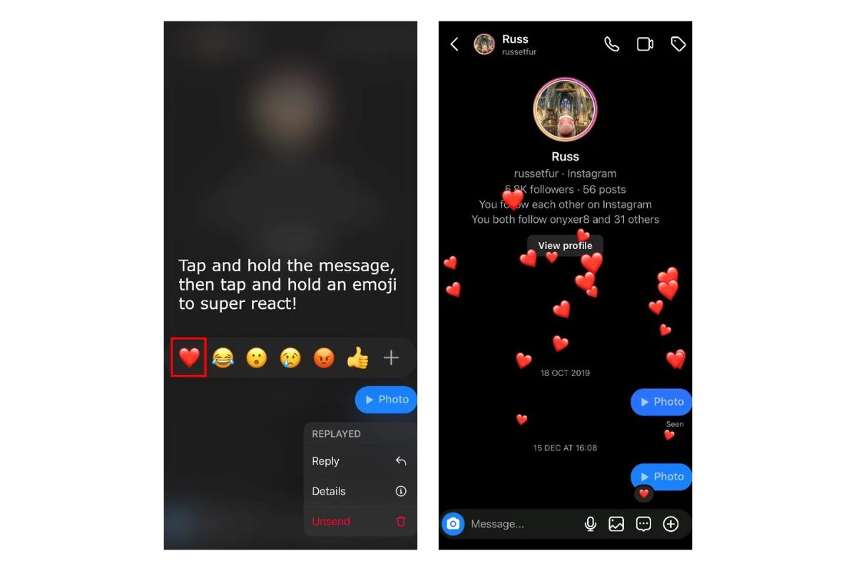 How to react to messages with animation on Instagram